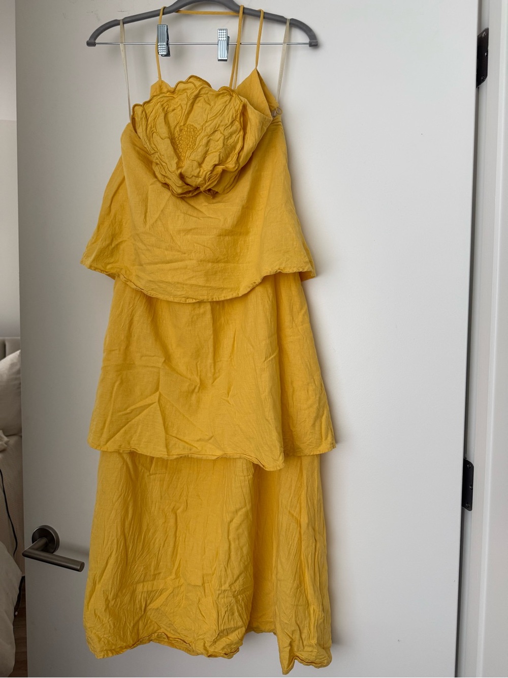 Farm Rio Linen 3D Yellow Tiered Maxi Dress with Floral Bodice - Small - Picture 5 of 8